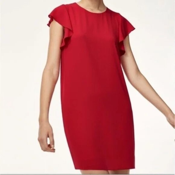 Aritzia Babaton Ruffle Short Sleeve Burt Sheath Mini Shift Dress Red XS - Picture 1 of 6